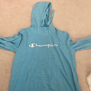 CHAMPION blue hoodie with logo! size medium! barley worn!